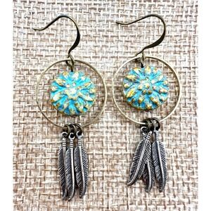Silver Feathers & Turquoise Sunburst Dreamcatcher Earrings